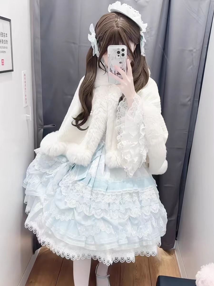 Lolita Fur Collar Cape Shawl Winter Plush Thickened Warm Chinese Woolen Coat Outer Cover
