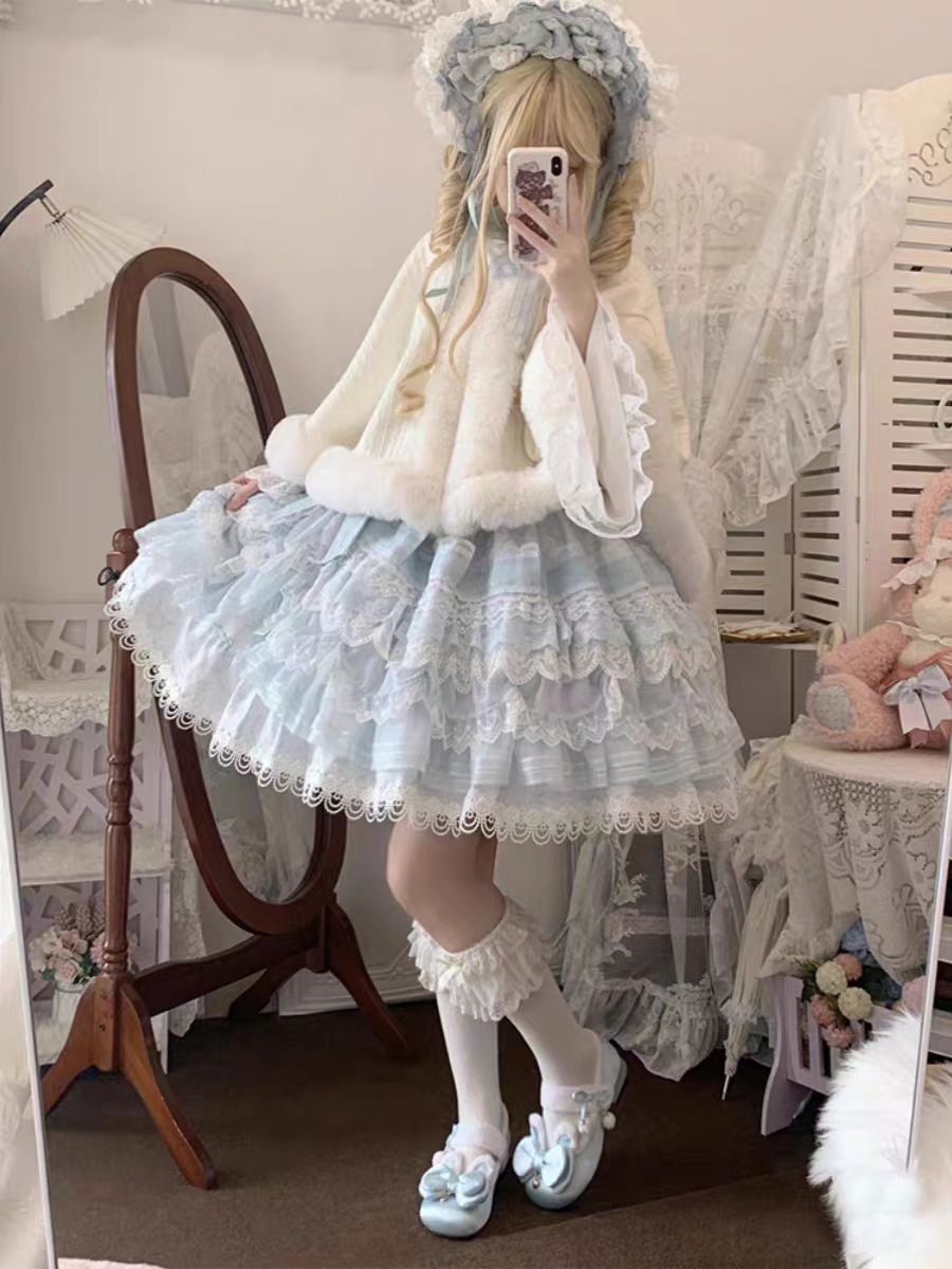 Lolita Fur Collar Cape Shawl Winter Plush Thickened Warm Chinese Woolen Coat Outer Cover