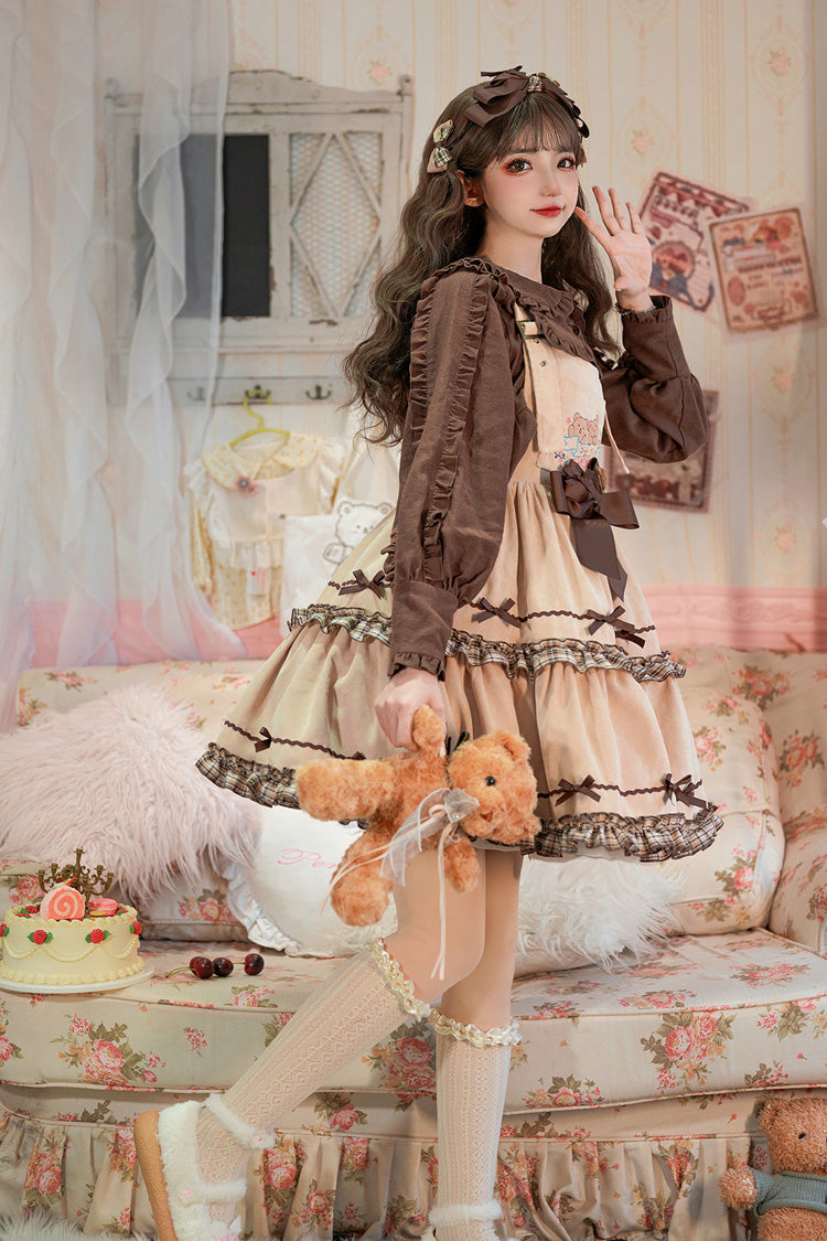 Khaki Cute Bear Embroidery Print Sleeveless Double-Layered Ruffle Bowknot Sweet Lolita Jsk Dress