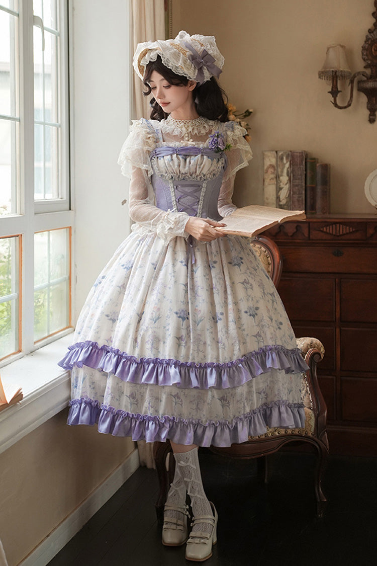 Purple/Ivory Iris Secrets Double-Layered Print Ruffle Bowknot Lace-Up Fake Two Pieces Sweet Lolita Jsk Dress