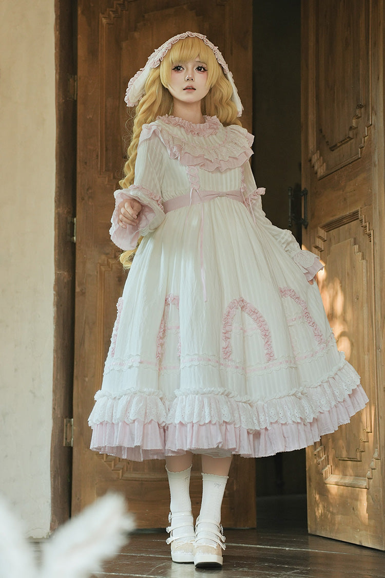 Pink Twin Lilian Round Collar Long Sleeves Double-Layered Ruffled Bow Lace-Up Sweet Lolita Dress