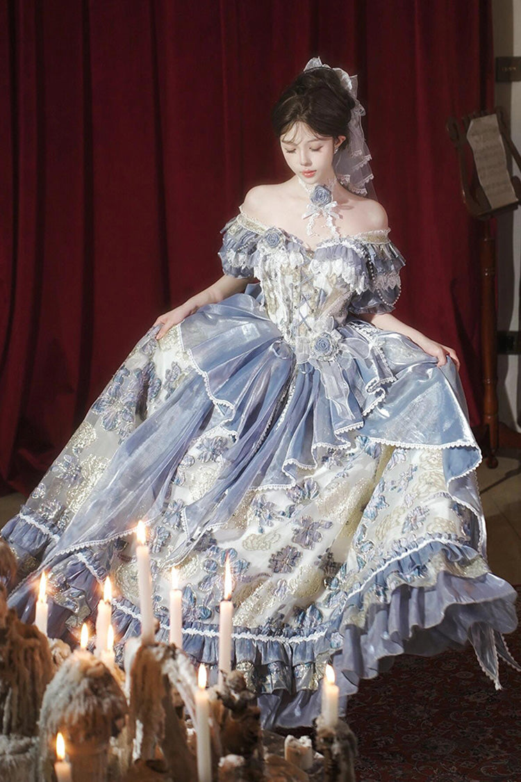 Blue Jacaranda Off Shoulder Short Sleeves Printed Ruffled Embroidered Bow Lace-Up Sweet Elegant Princess Lolita Dress