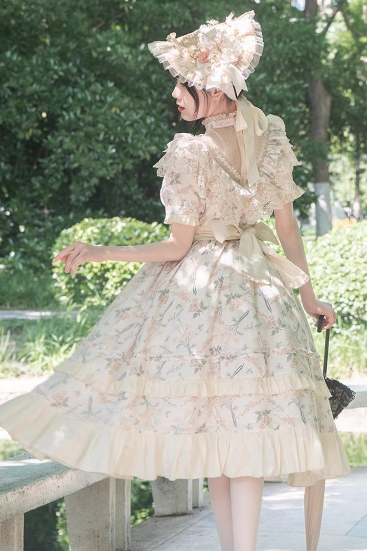 Multi-Color Daisy Print Cherry Embroidery Edwardian Collar Short Sleeves Sweet Lolita Dress