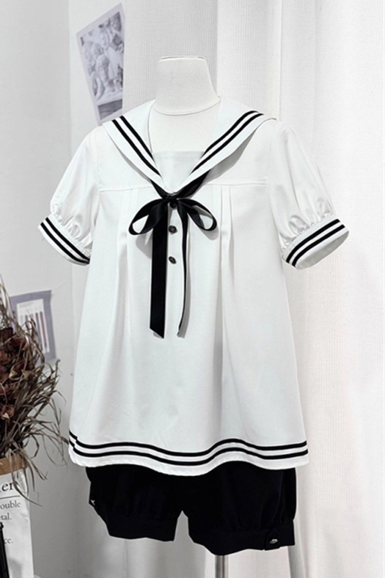 Black/White Old Stories Navy Collar Short Sleeves Bowknot Ouji Gothic Lolita Blouse Shorts Set