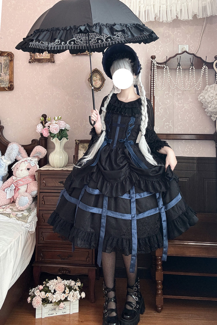 Lilith's Cage Sleeveless Print Ruffle Bowknot Lace-Up Gothic Elegant Lolita Jsk Dress 2 Colors