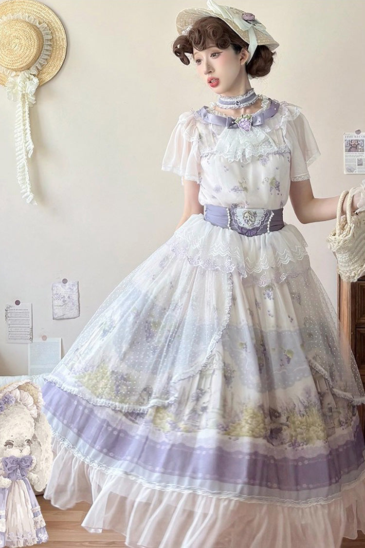 White/Purple Rabbit Vine Story Grape Print Short Sleeves Bowknot Lace Elegant Sweet Lolita Skirt Set
