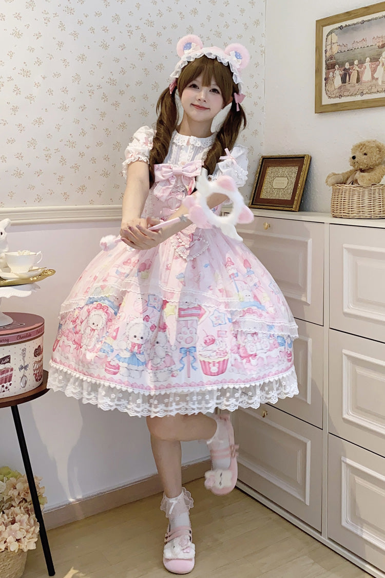 Pink Cute Rabbit Sweet Cake Print Ruffle Bowknot Lace Sweet Lolita Jsk Dress