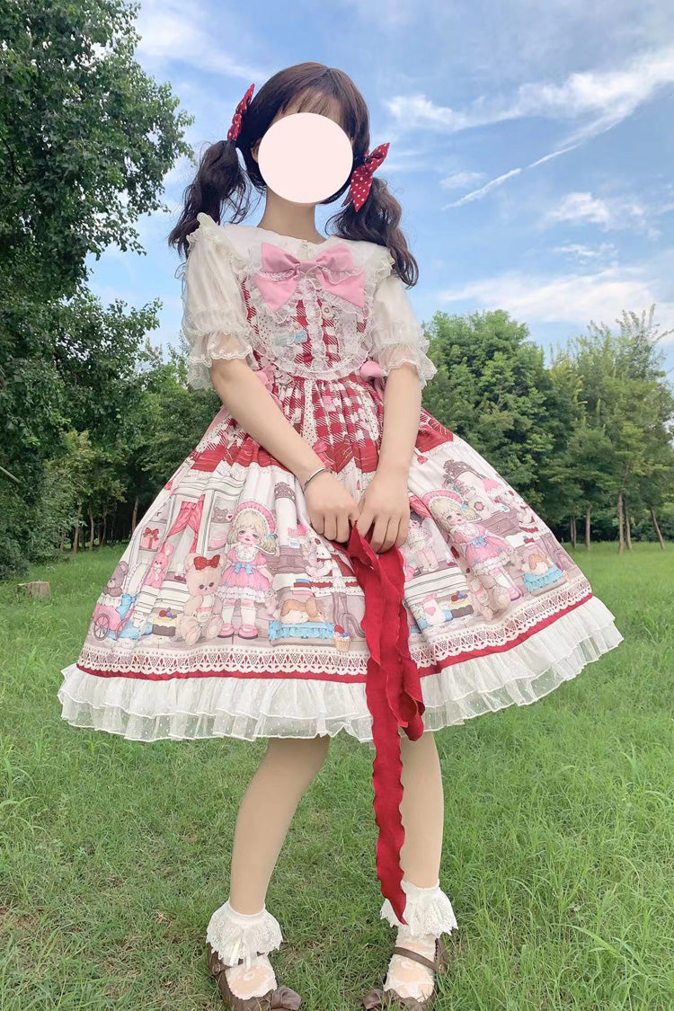 Red Plush Bear and Doll Print Ruffle Bowknot Lace Sweet Lolita Jsk Dress