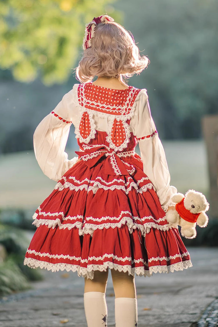 Red/White Three-section Cake Sleeveless Ribbon Sweet Lolita Tiered Dress