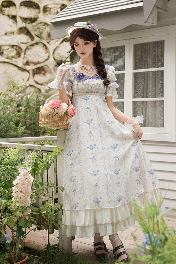 Purple/Ivory Iris Secrets Short Sleeves Double-Layered Print Ruffle Bowknot Lace-Up Sweet Lolita Dress