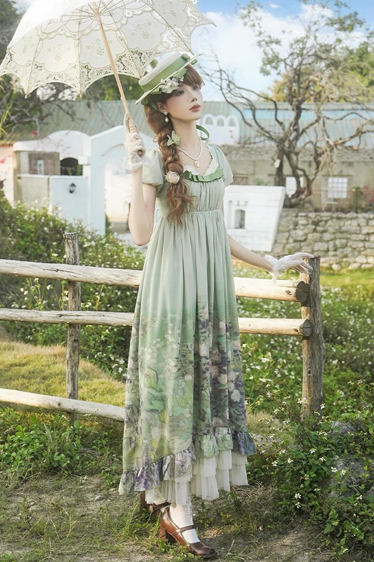Green Blooming Roses Print Oil Painting Chiffon Short Sleeves Ruffle Bowknot Sweet Lolita Dress