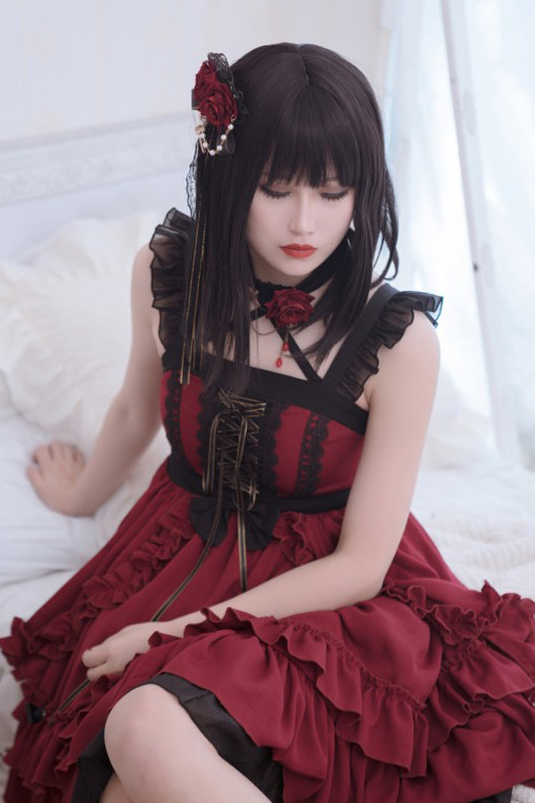 Red Seven Deadly Sins - Wrath Double-Layered Ruffle Stitching Lace Gothic Lolita Jsk Dress