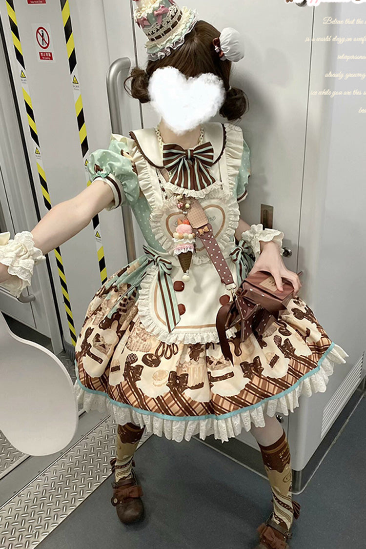 Brown Peppermint Chocolate Chocolate Cake Bear Print Ruffle Bowknot Lace-Up Sweet Lolita Dress