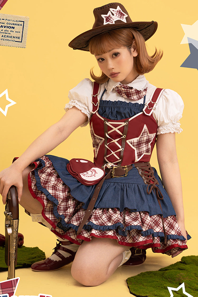 Red/Blue Apple Trap Triple-Layered Print Ruffle Lace-Up Sweet Lolita Jsk Dress Two-piece Set