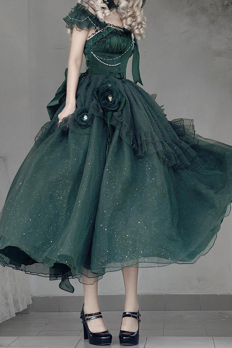 Green Bright Stars Off Shoulder Ruffle Bowknot Asymmetric Sweet Elegant Princess Lolita Dress