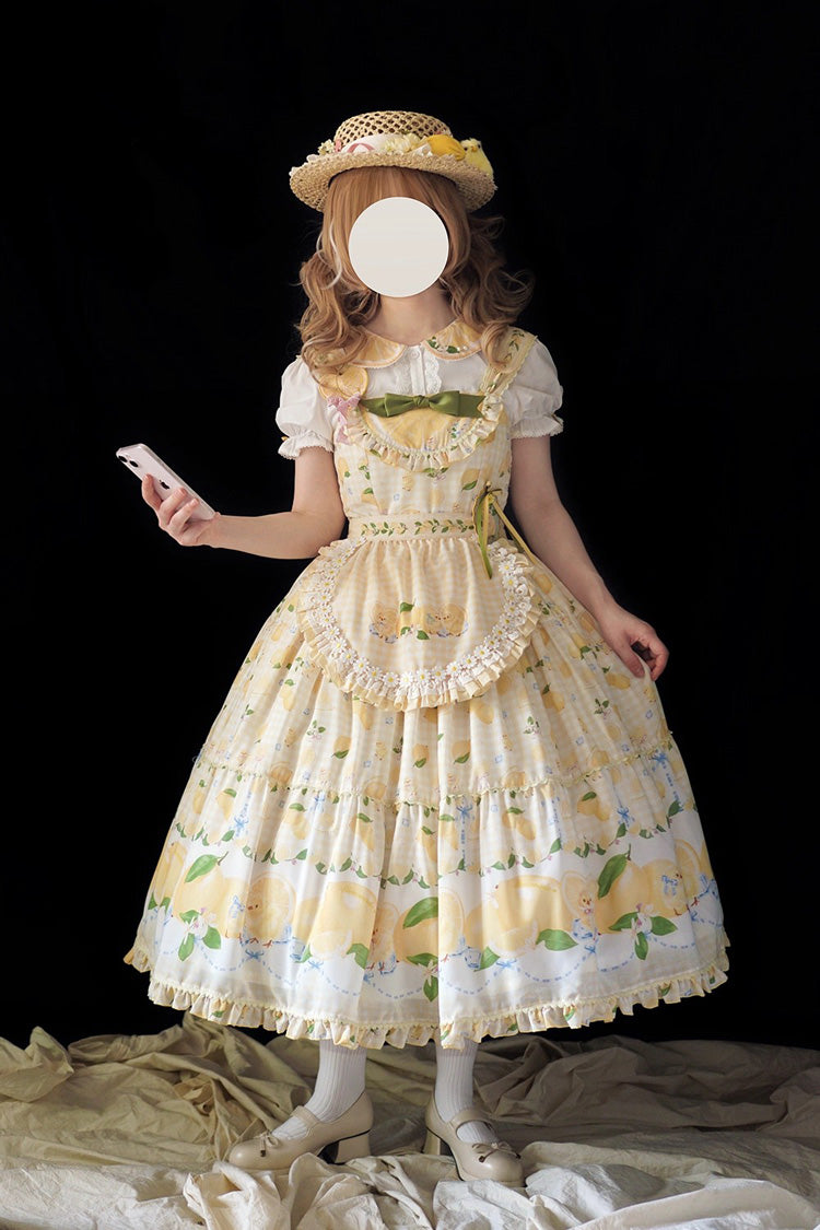 Yellow Lemon Chicken Print Ruffle Bowknot Lace Sweet Lolita Jsk Long Dress