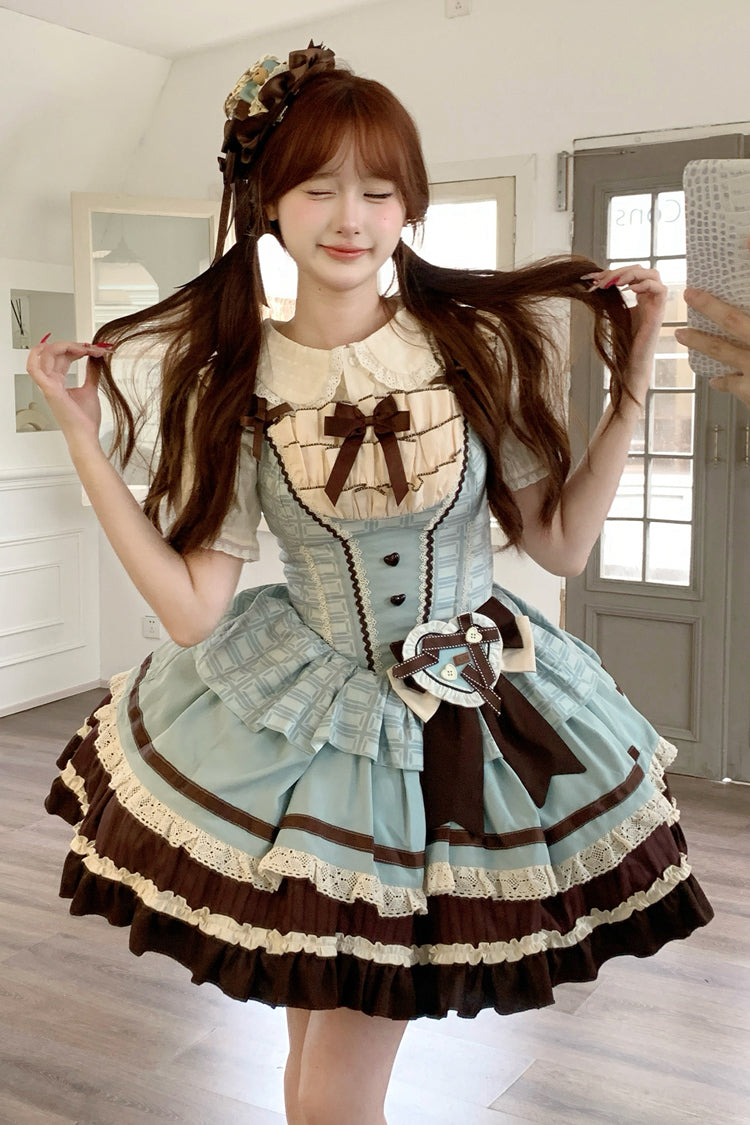 Green/Brown Mint Chocolate Sleeveless Triple-Layered Ruffle Bowknot Sweet Lolita Jsk Dress