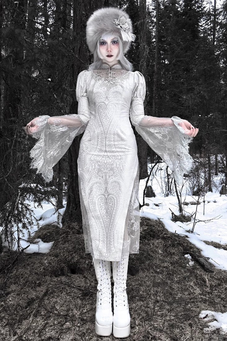 Silver The Call of the Snow Country V Collar Long Sleeves High Waisted Ruffle Lace Gothic Lolita Fishtail Dress