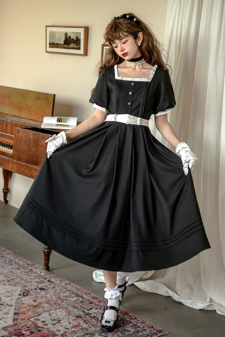 Black Random Thoughts Square Collar Short Sleeves Ruffle Classic Vintage Elegant Lolita Dress