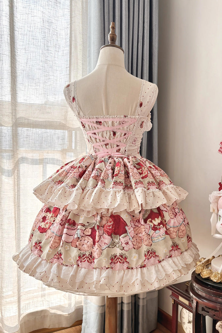 Ivory Strawberry Bear Sleeveless Double-Layered Print Ruffle Bowknot Sweet Princess Lolita Jsk Dress