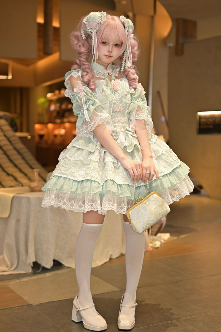 Green Rain of Peaches Sleeveless Multi-Layered Bowknot Lace Sweet Chinese Style Lolita Jsk Dress
