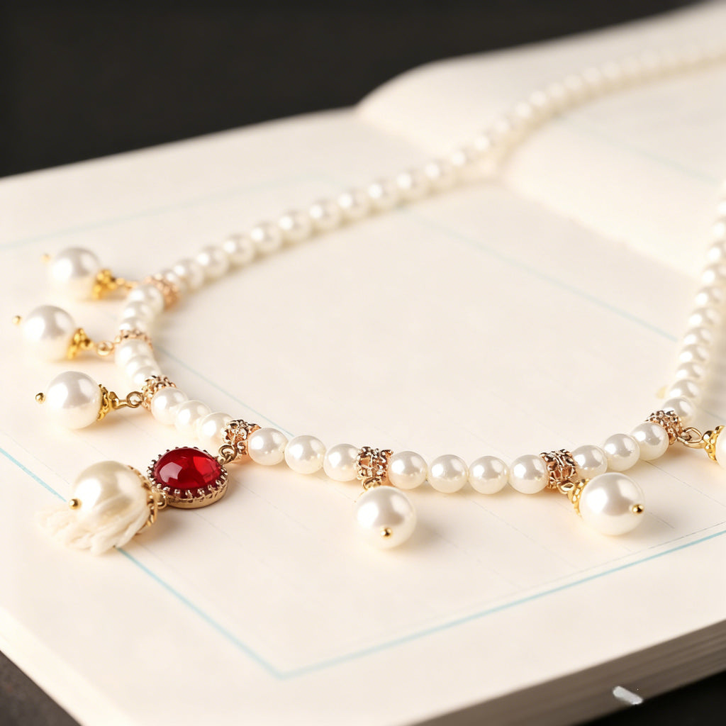 Lolita Necklace Cream White Pearl Choker with Ruby Red Gemstone Pendant Elegant Tassels