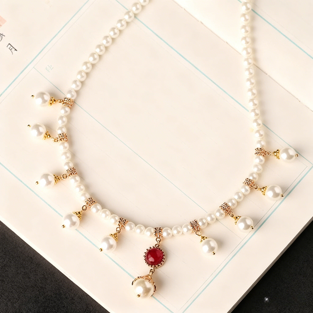 Lolita Necklace Cream White Pearl Choker with Ruby Red Gemstone Pendant Elegant Tassels