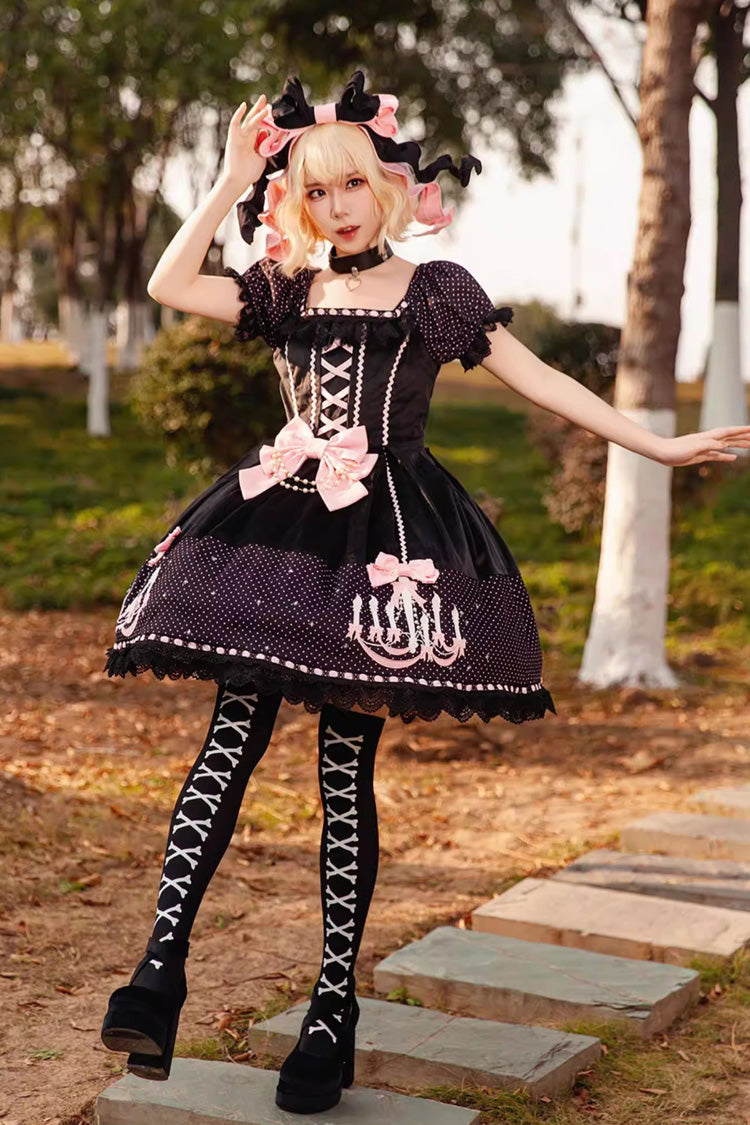 Chandelier Printed Sweet Short Sleeves Bow Lace-Up Pearl-Decorated Lolita Dress 4 Colors