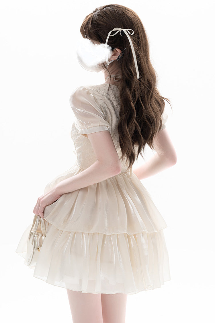 Apricot Prussian Legend Short Sleeves Multi-Layered Jacquard Ruffle Bowknot Sweet Lolita Dress
