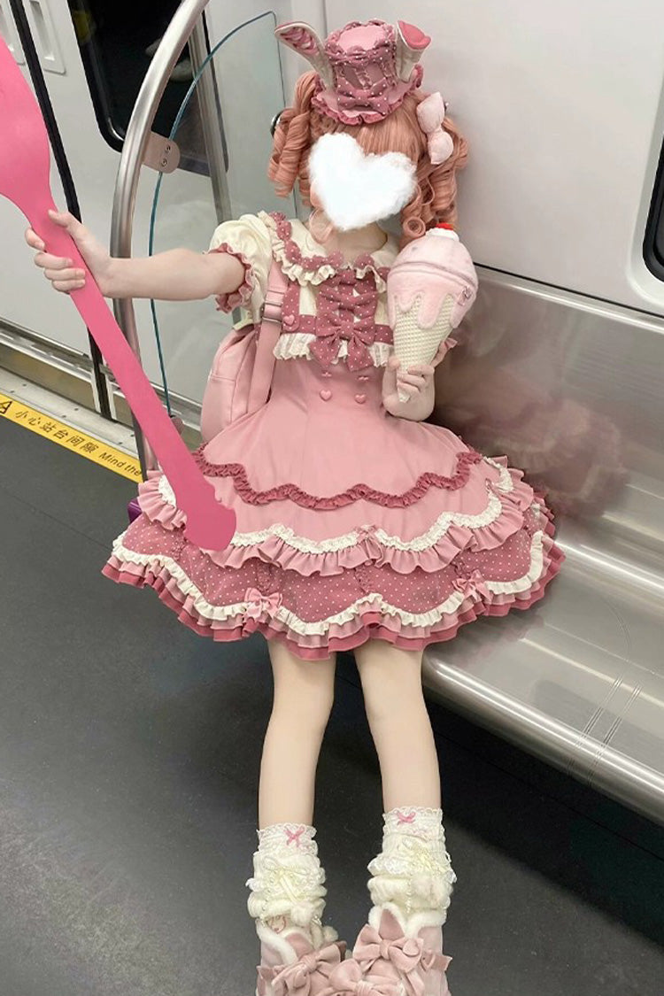Pink Bunny Parfait Short Sleeves Multi-Layered Ruffle Bowknot Sweet Lolita Dress