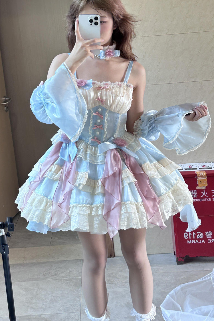 Blue Heartbeat Multi-Layered Ruffle Bowknot Lace Sweet Princess Lolita Jsk Dress