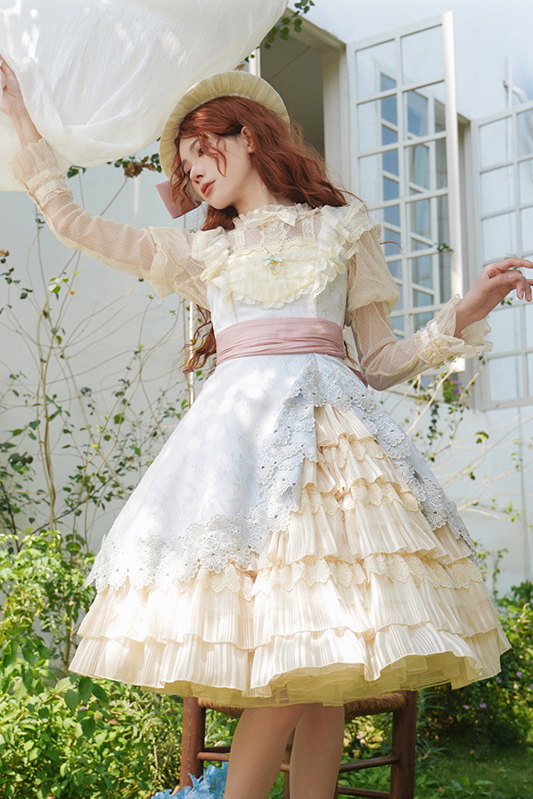 Multi-Color Cream Layers Ruffle Asymmetrical Cardigan Bowknot Sweet Lolita Jsk Dress