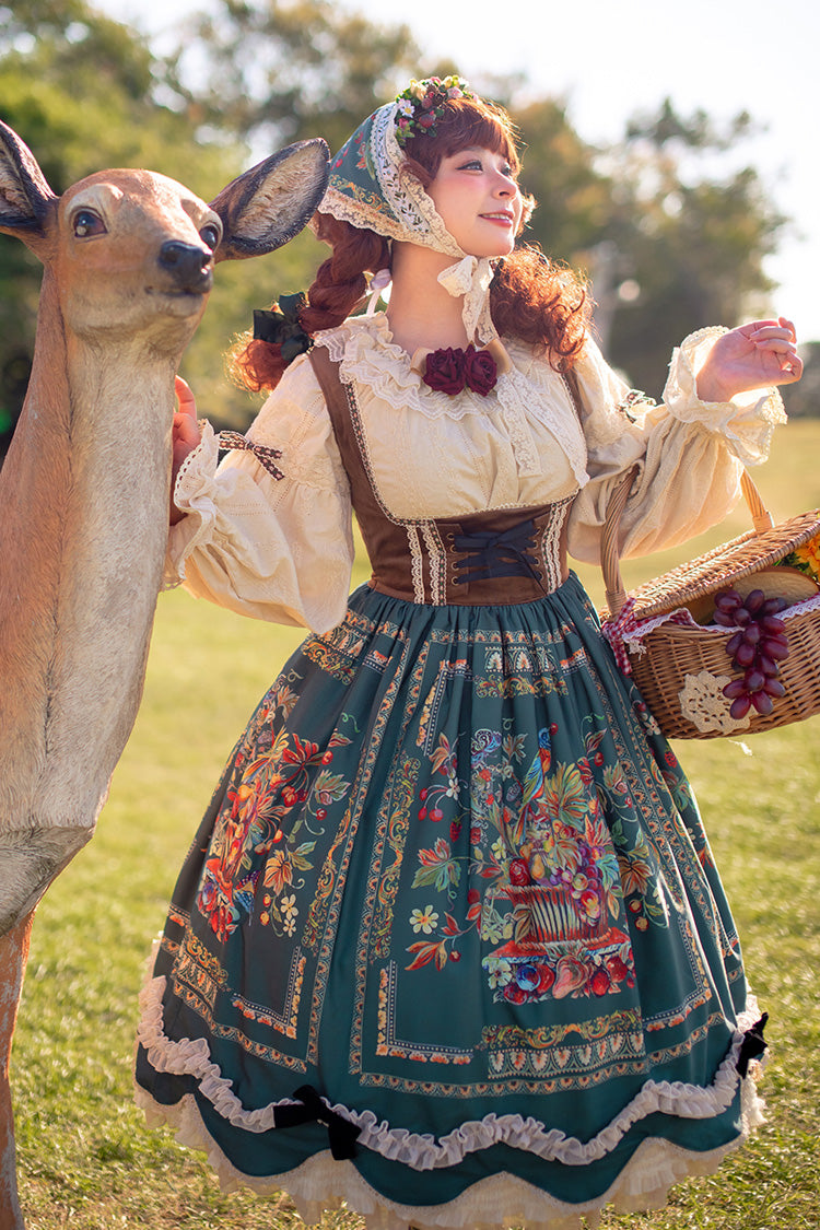 Green Ode to Plenty Berries and Birds Print Ruffle Bowknot Velvet Classic Lolita Breast Support Jsk Dress