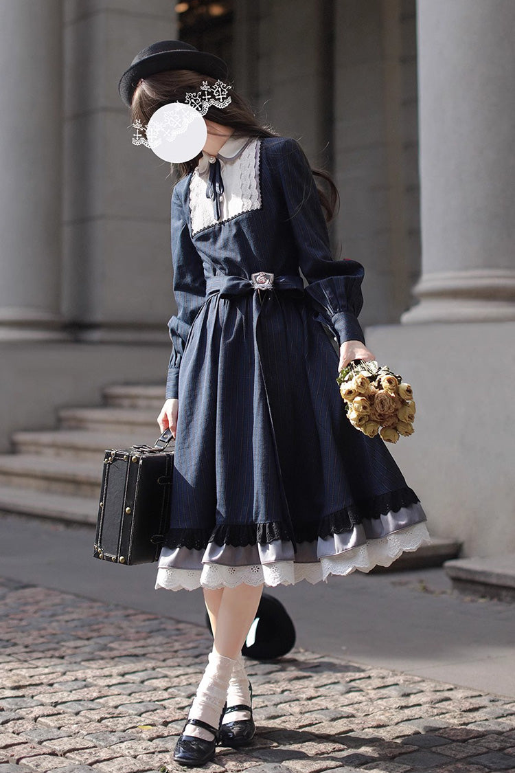 Dark Blue Phyllis Plaid Print Ruffle Bowknot Lace Vintage Elegant Lolita Dress