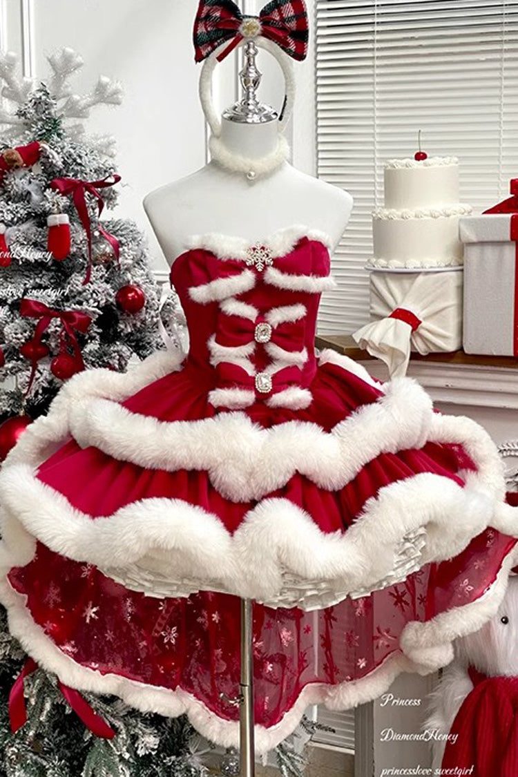 Red Holiday Double-Layered Bowknot Sweet Princess Lolita Strapless Dress