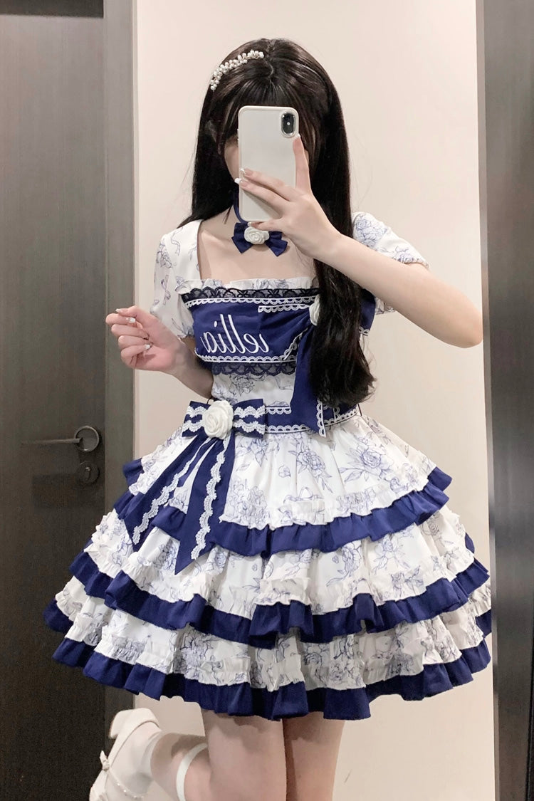 Blue/White Porcelain Print Multi-layer Ruffle Embroidery Bowknot Sweet Lolita Dress
