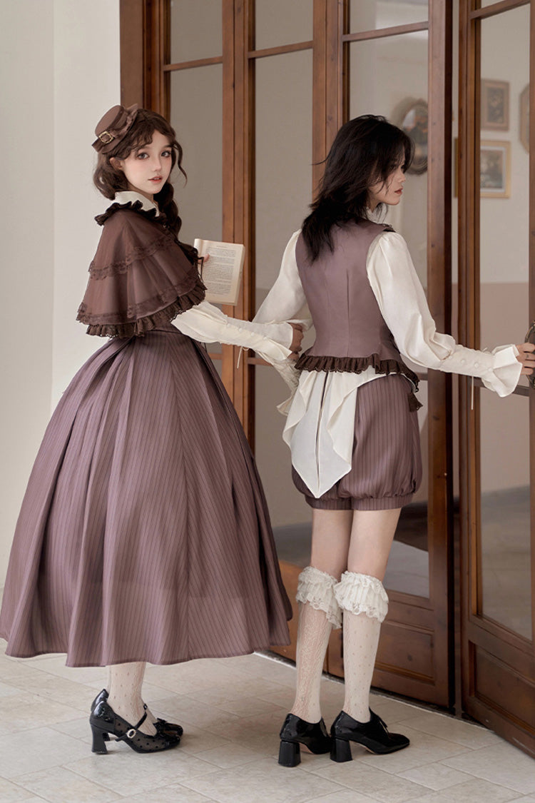 Brown Manchester City's Past Striped Print Breast Support Long Version Sweet Lolita Dress