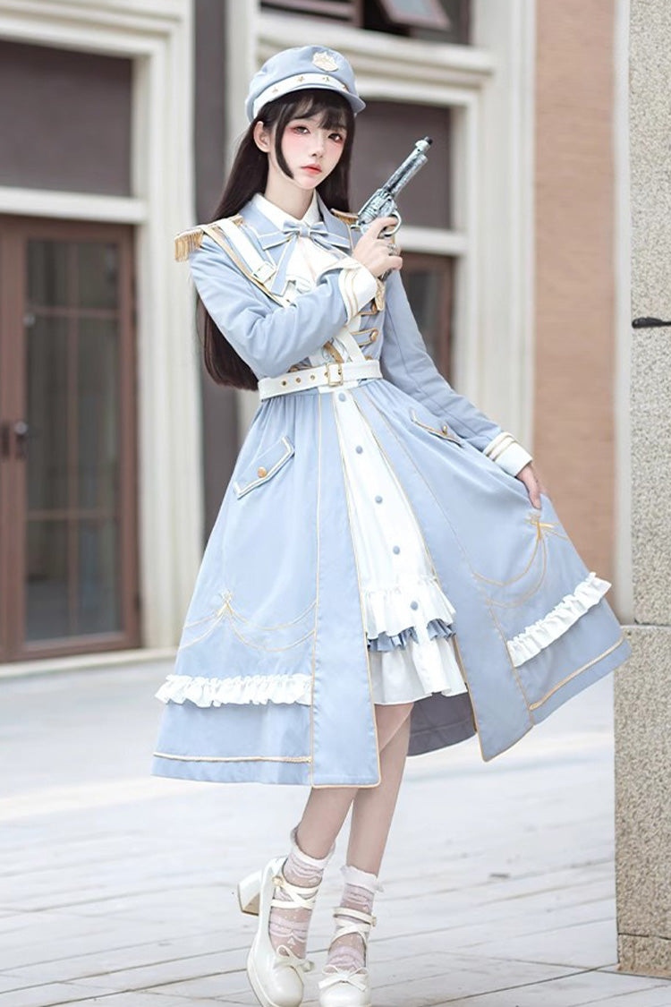 White/Blue Star Ocean Fantasy Cardigan Bowknot Stitching Sweet Military Lolita Dress