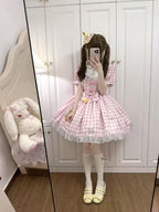 Sweet Lolita Pink Plaid Rabbit Bear Embroider Dress Bubble Sleeves Op Short Sleeves