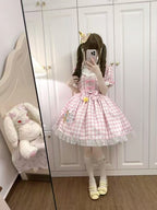 Sweet Lolita Pink Plaid Rabbit Bear Embroider Dress Bubble Sleeves Op Short Sleeves