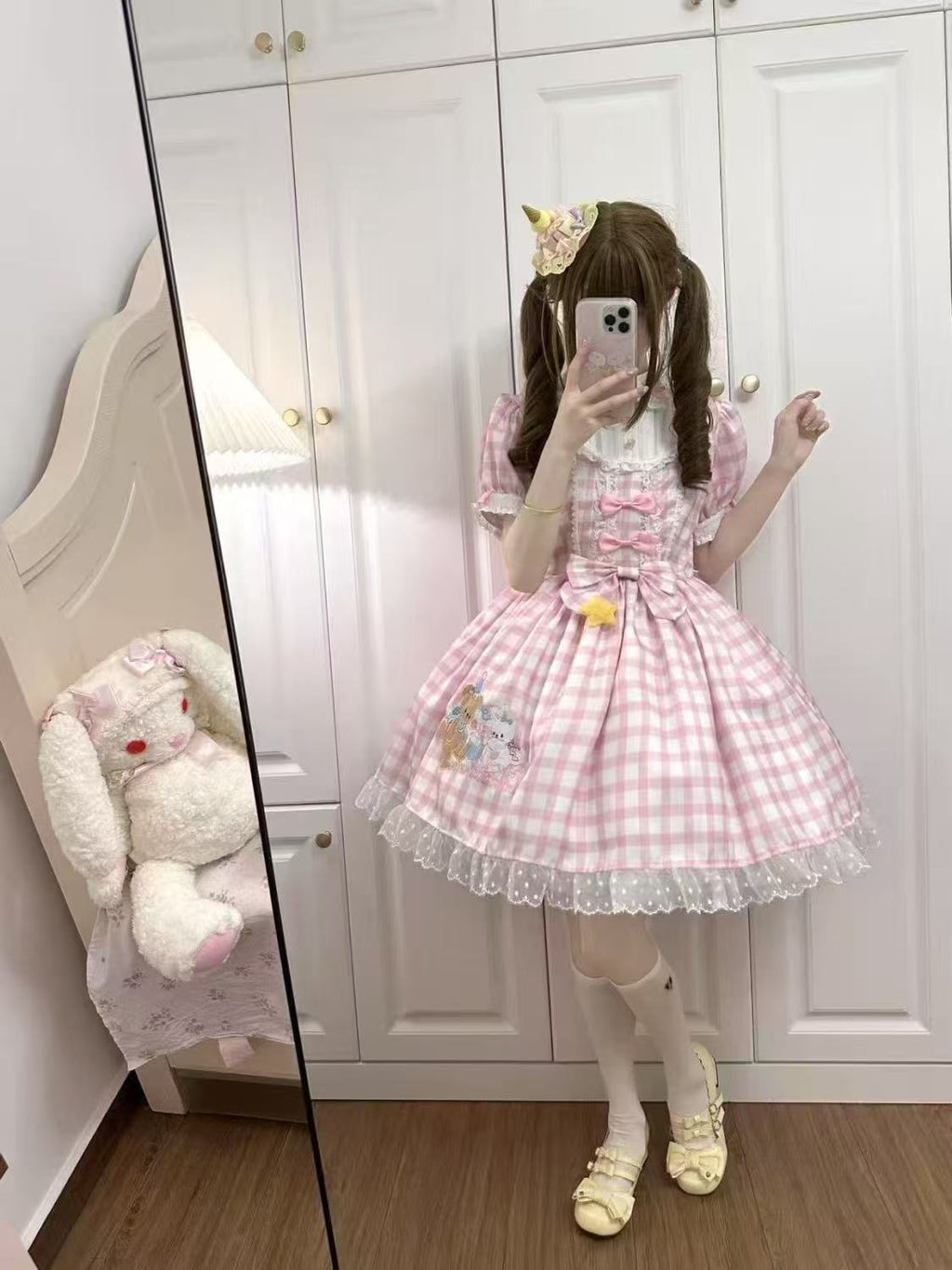 Sweet Lolita Pink Plaid Rabbit Bear Embroider Dress Bubble Sleeves Op Short Sleeves