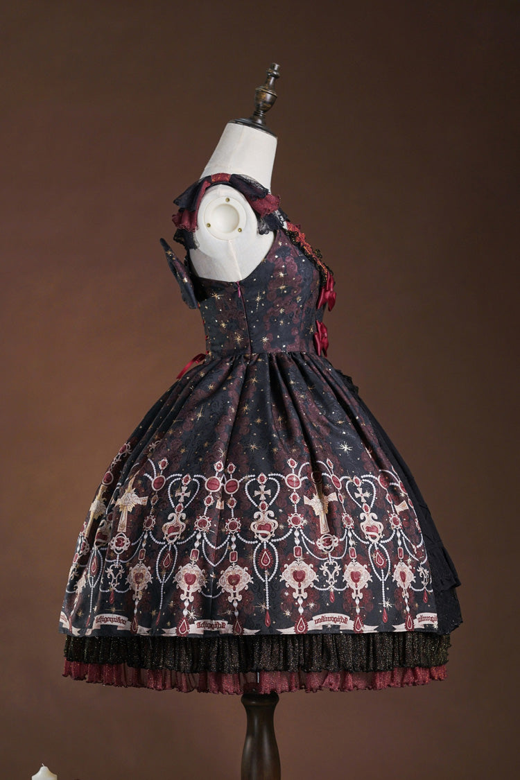 Red/Black Stone of Eden Triple-Layered Print Ruffle Hot Stamping Cardigan Bowknot Lace Elegant Sweet Lolita Jsk Dress