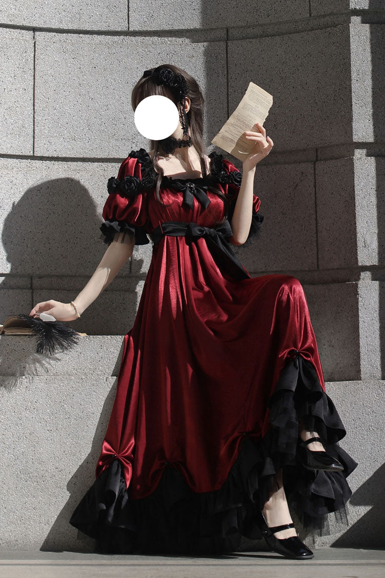 Red Square Collar Short Sleeves Ruffle Bowknot Sweet Regency-Style Vintage Lolita Dress