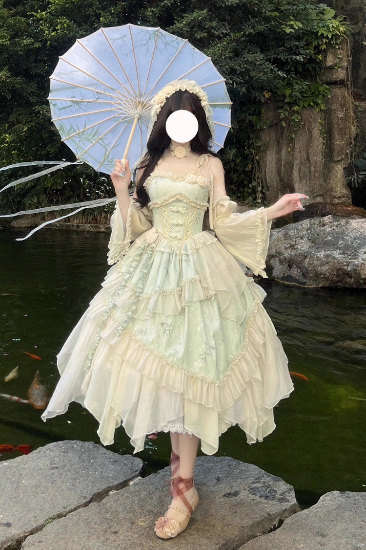 Green Tea Bamboo Song Sleeveless Print Ruffle Bowknot Sweet Chinese Style Elegant Ballet Lolita Jsk Long Dress