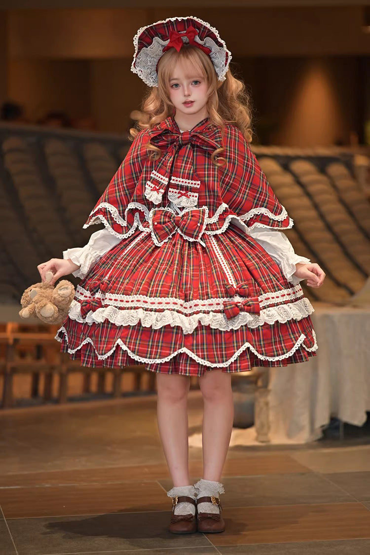 Red Gingham Petal Bunny Short Sleeves Printed Ruffled Bow Sweet Lolita OP Dress