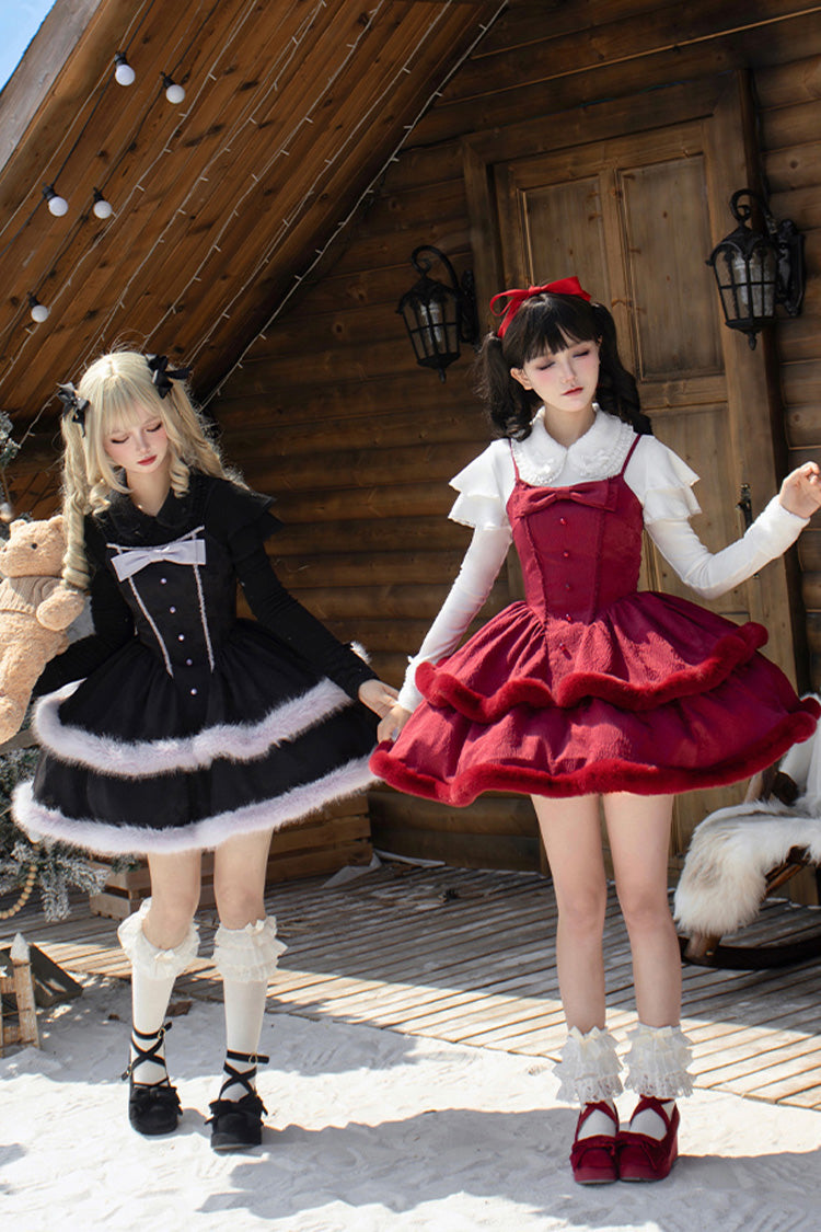 Winter's Wish Double-Layered Jacquard Bowknot Furry Sweet Lolita Jsk Dress 2 Colors