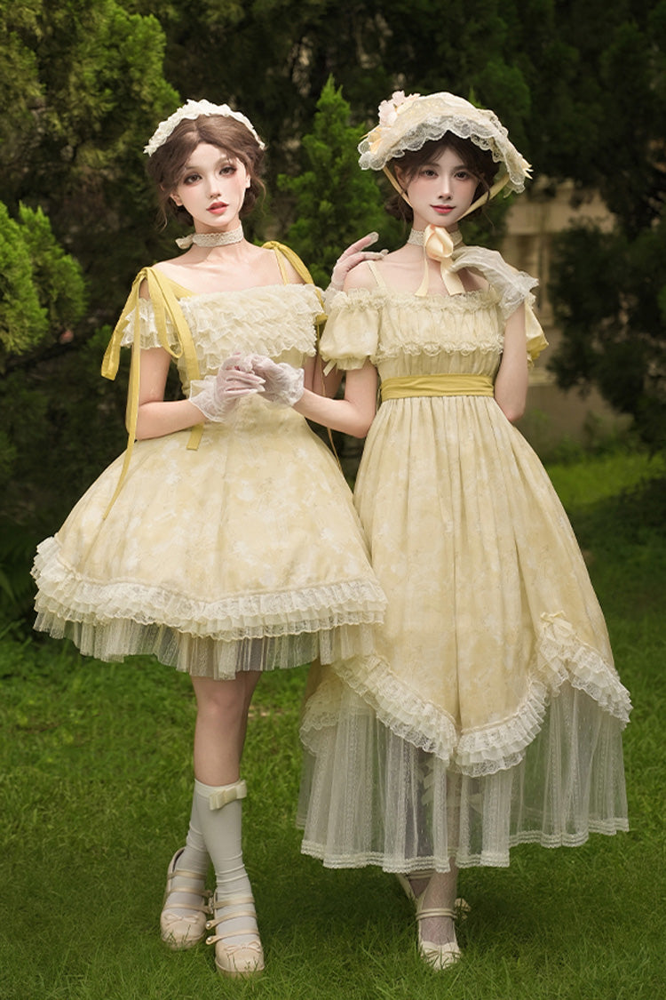 Yellow Falling Flowers as a Message Square Collar Short Sleeves Print Ruffle Lace Sweet Elegant Lolita Long Dress