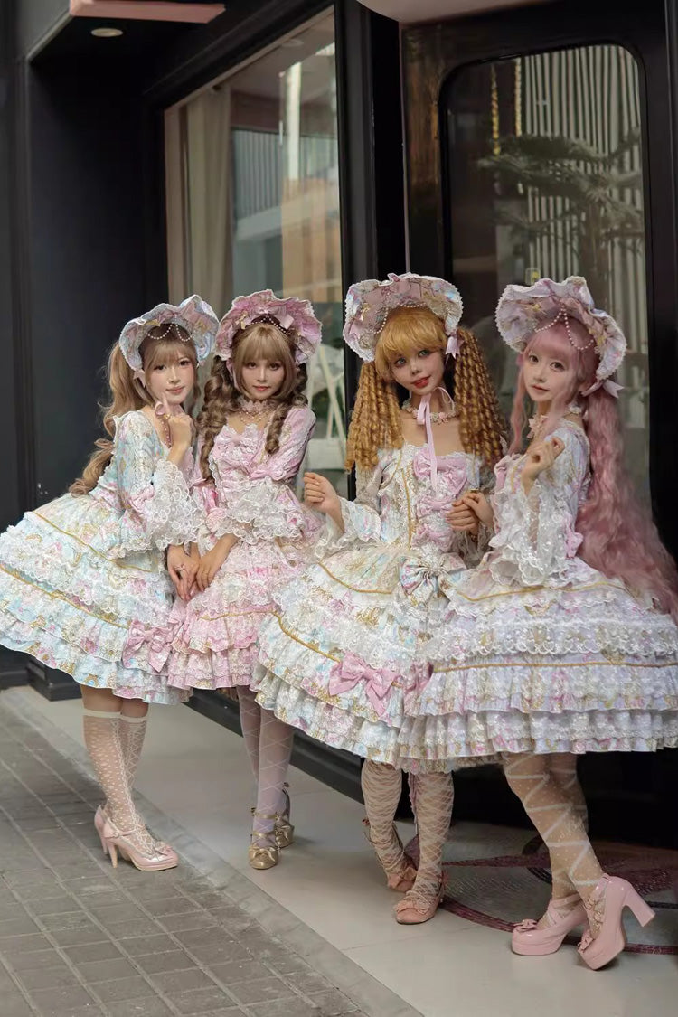 Apricot Candlelight Elegance Long Trumpet Sleeves Multi-Layered Ruffle Bowknot Lace Sweet Elegant Lolita Dress