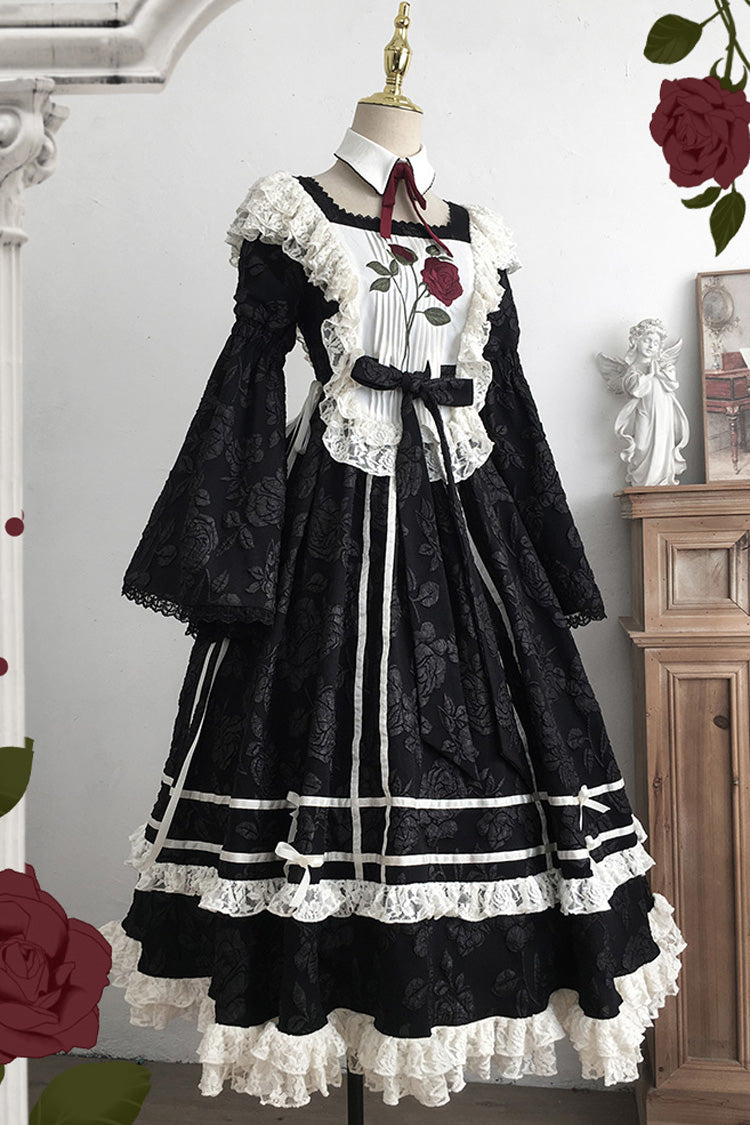 Black Rose Choir Double-Layered Ruffle Embroidery Bowknot Lace Gothic Elegant Nun Lolita Dress