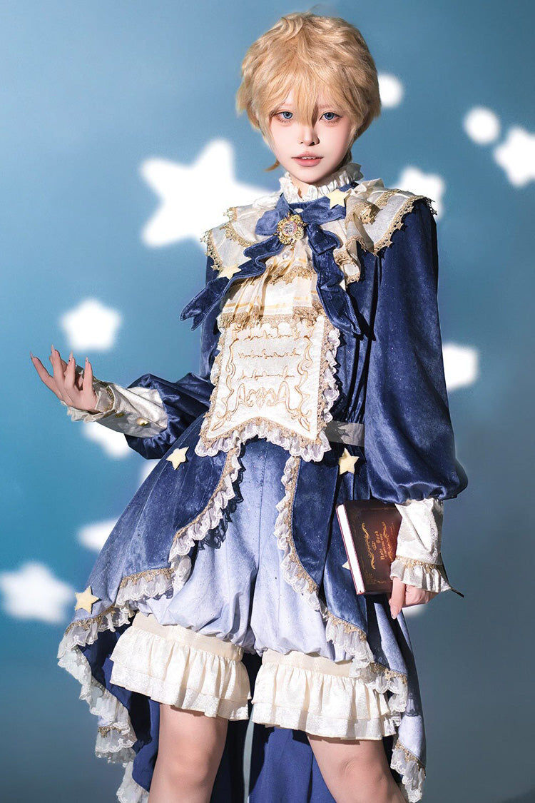 Blue Long Sleeves Ombre Ruffled Bow Ouji Gothic Lolita Swallowtail Dress Shorts Set